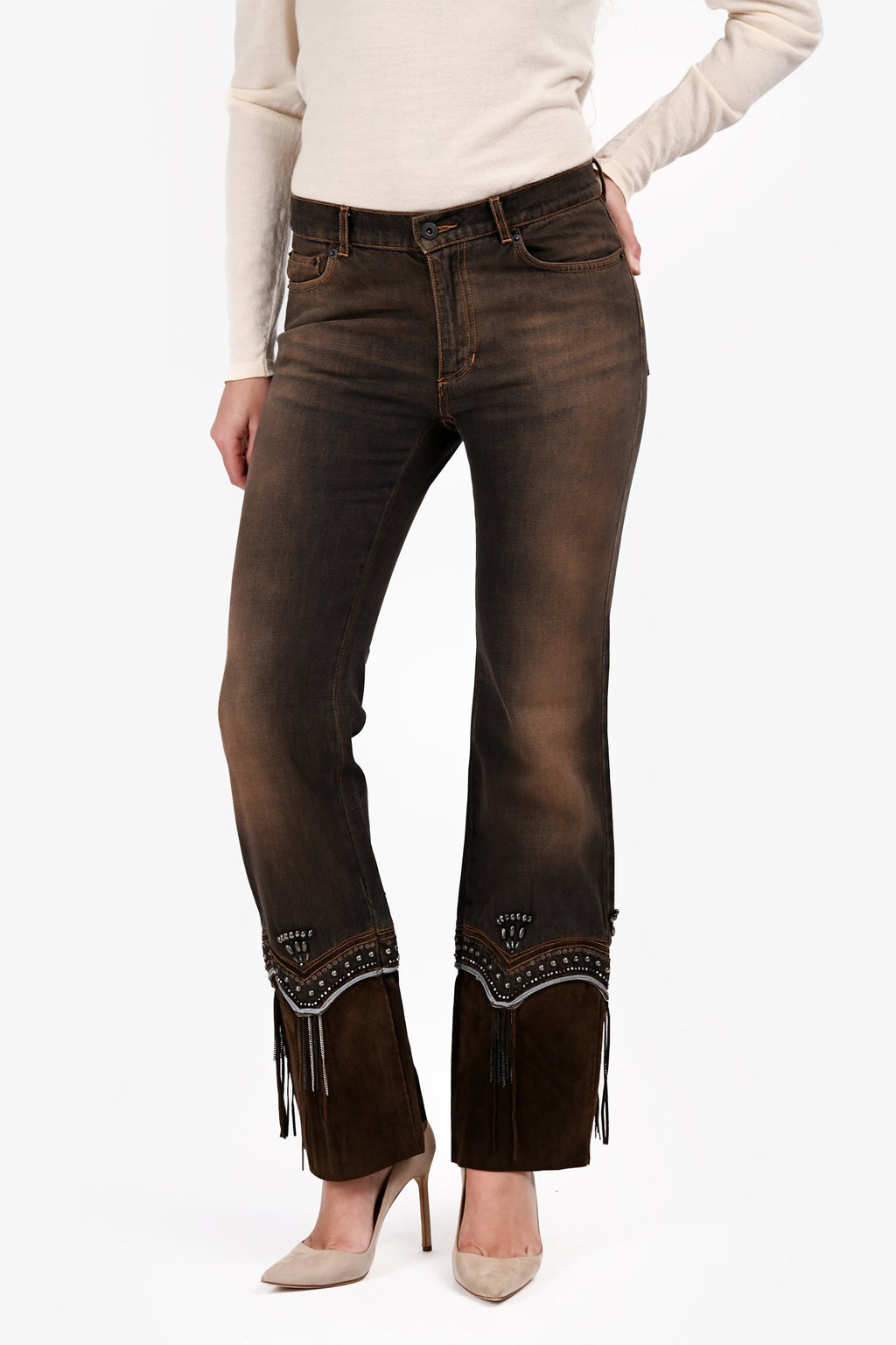 Sportmax Brown Denim Bead/Fringe Detail Jeans Size 8