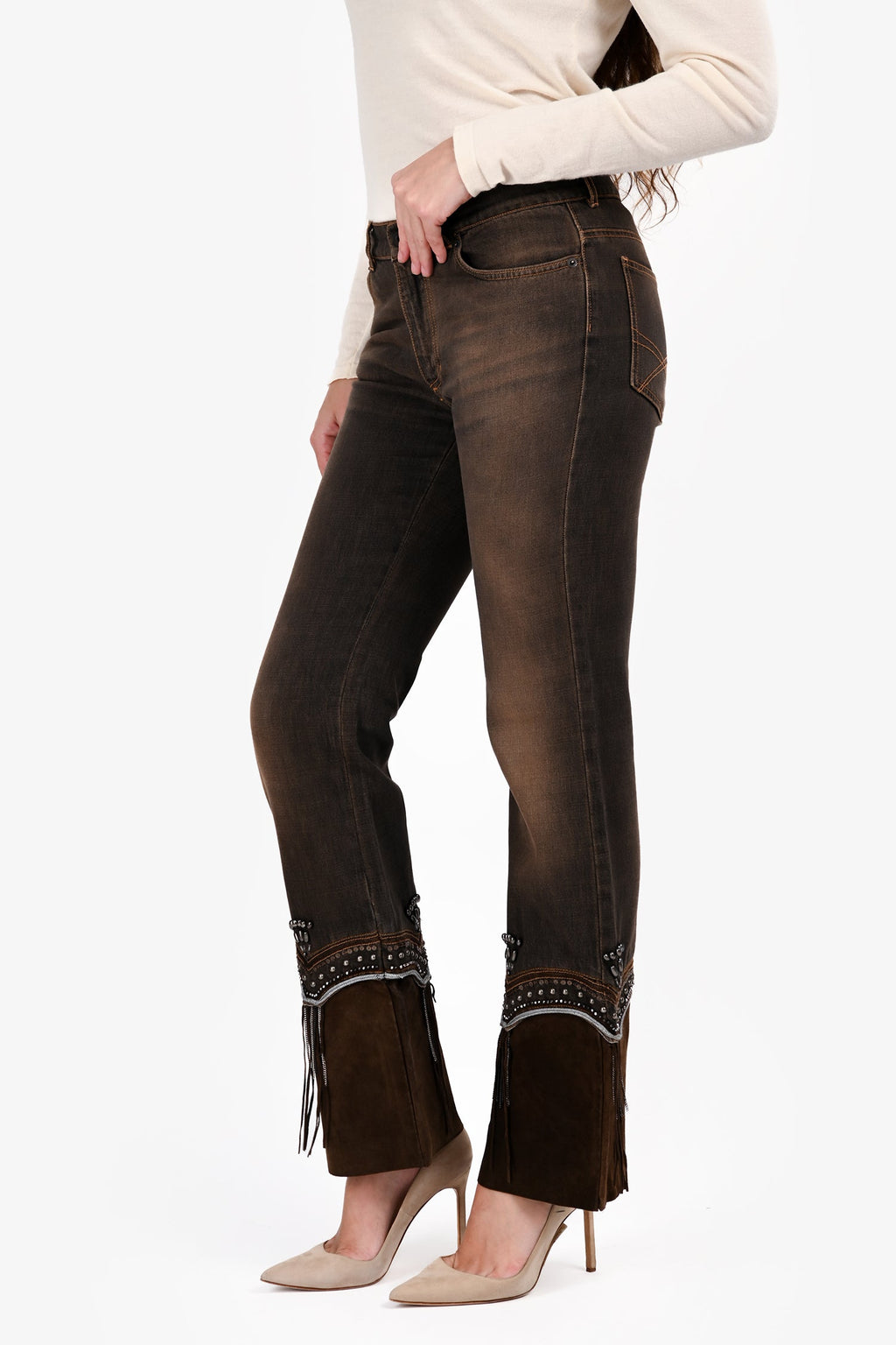 Sportmax Brown Denim Bead/Fringe Detail Jeans Size 8