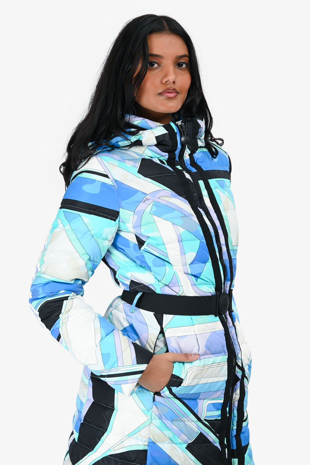 Emilio Pucci Blue/White Down Hooded Puffer Midi Jacket Size 36