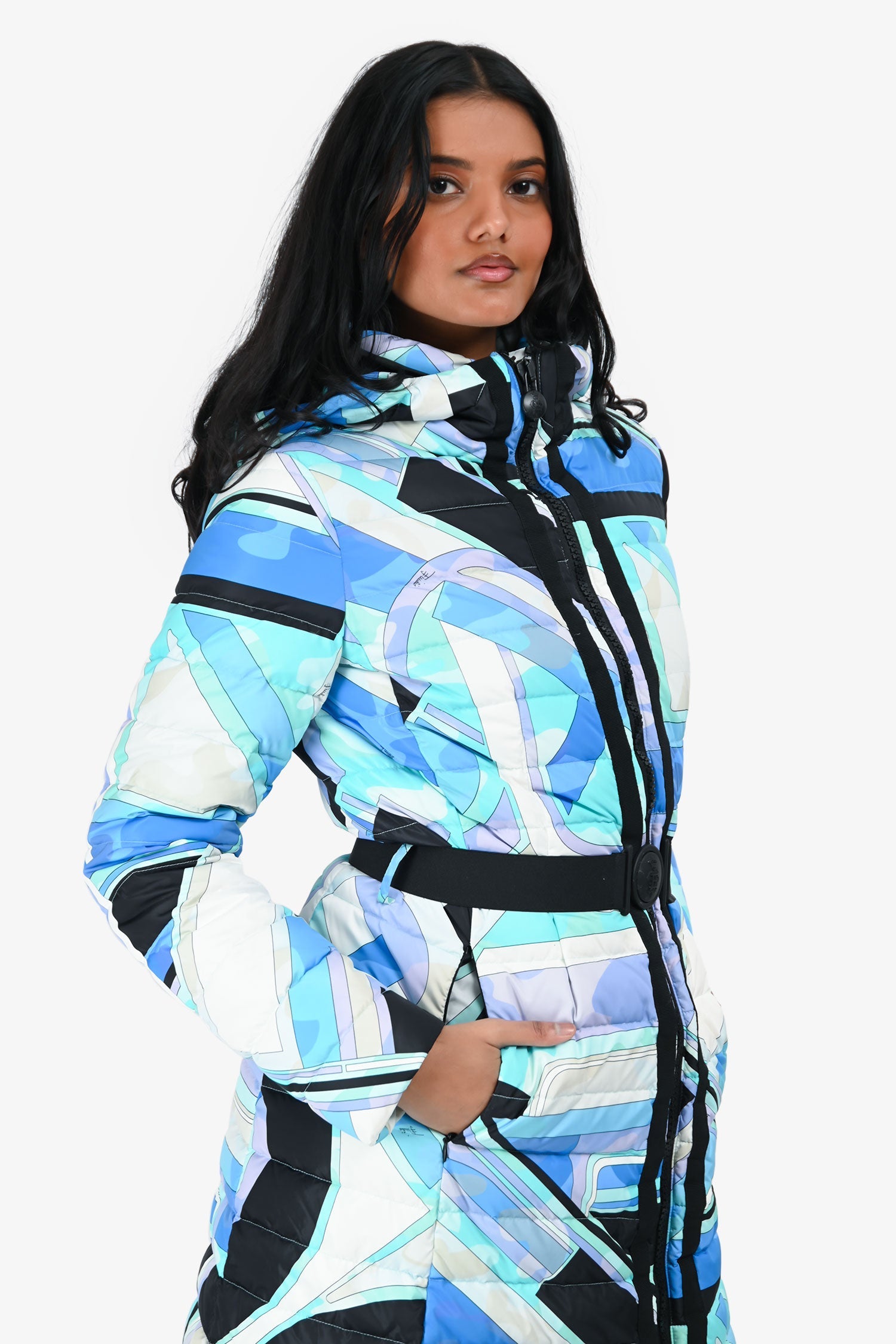 Emilio Pucci Blue/White Down Hooded Puffer Midi Jacket Size 36