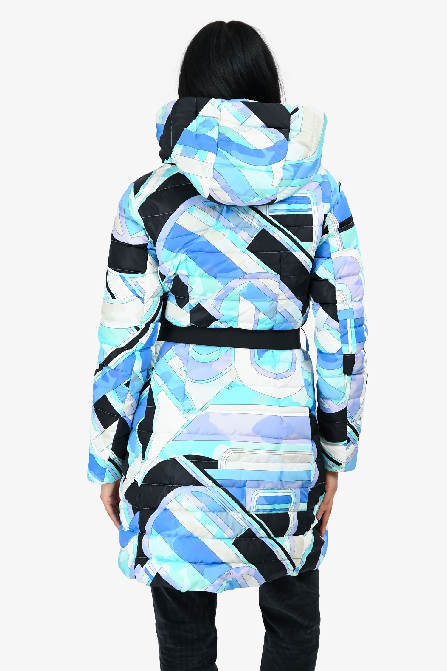 Emilio Pucci Blue/White Down Hooded Puffer Midi Jacket Size 36