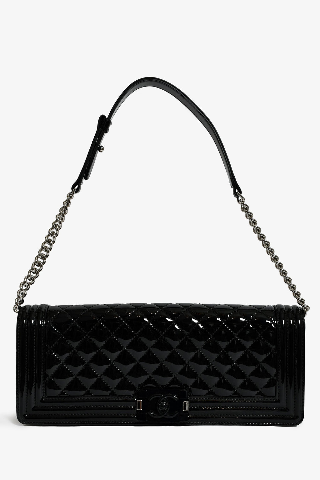 Pre-Loved Chanel™ 2014 Black Patent Leather Boy Clutch On Chain
