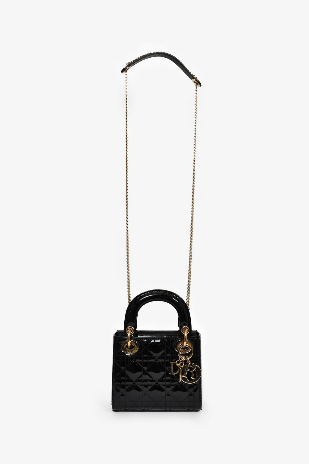 Christian Dior 2020 Black Patent Leather Mini Lady Dior Bag With Strap