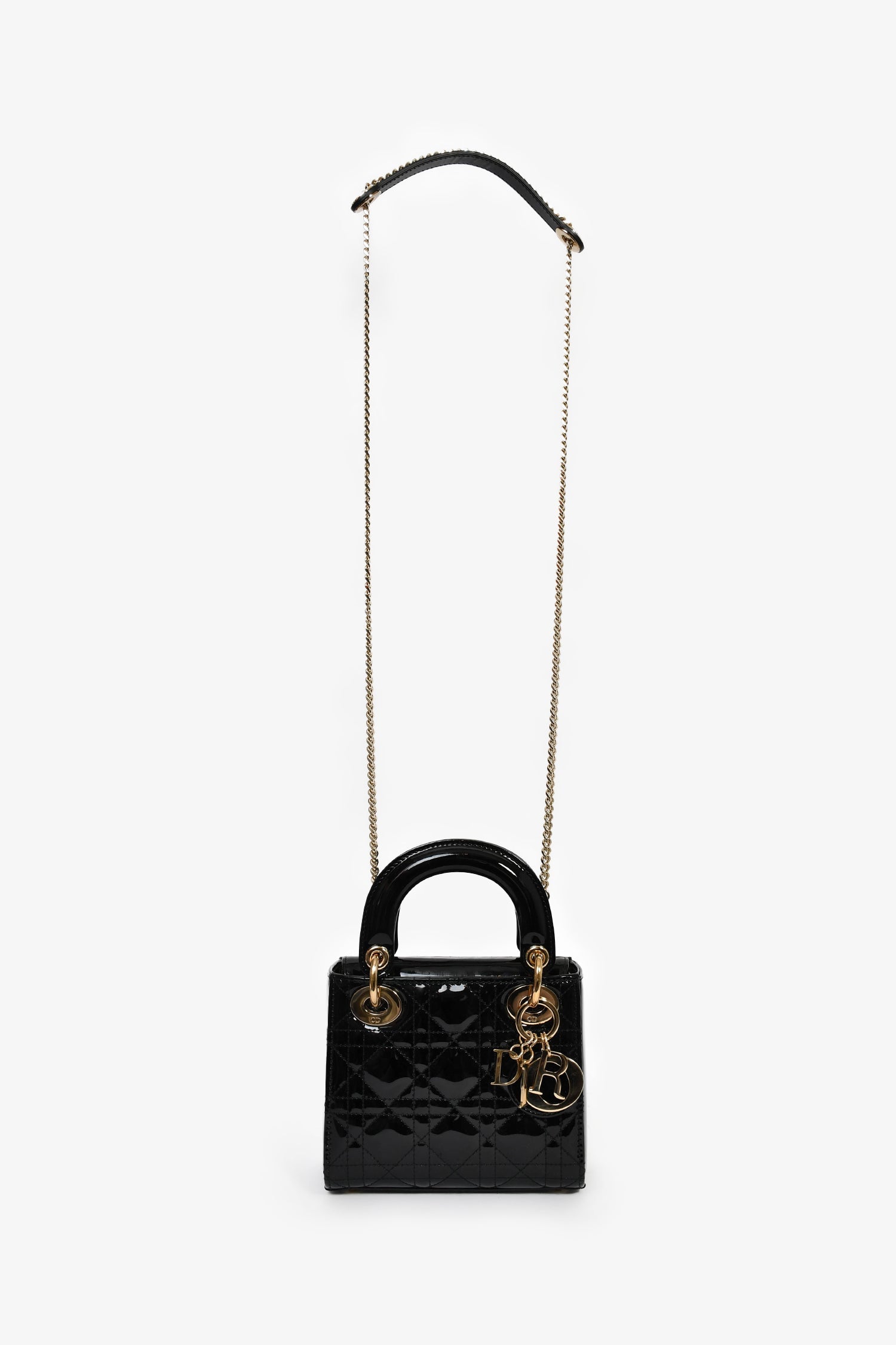 Christian Dior 2020 Black Patent Leather Mini Lady Dior Bag With Strap