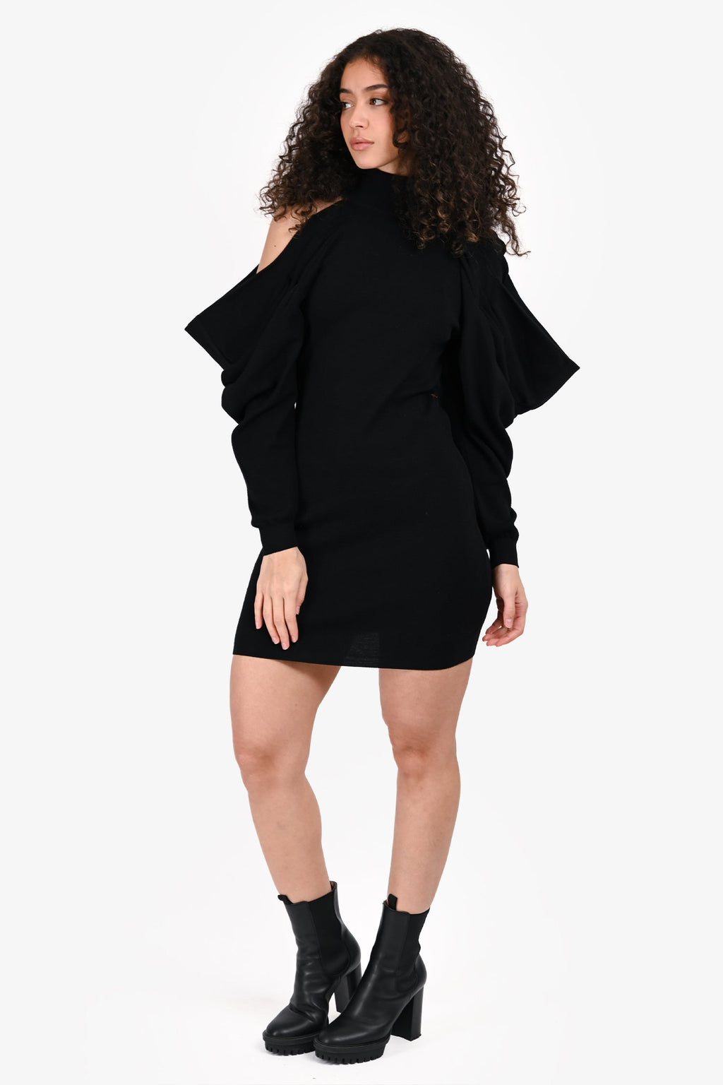 Louis Vuitton 2020 Black Wool Cold Shoulder Puff Sleeve Mini Dress Size S