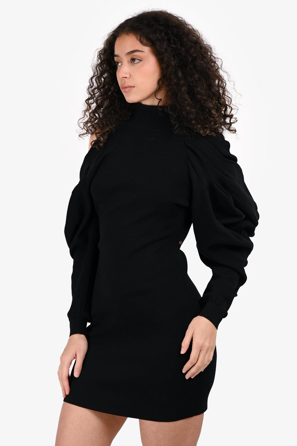 Louis Vuitton 2020 Black Wool Cold Shoulder Puff Sleeve Mini Dress Size S
