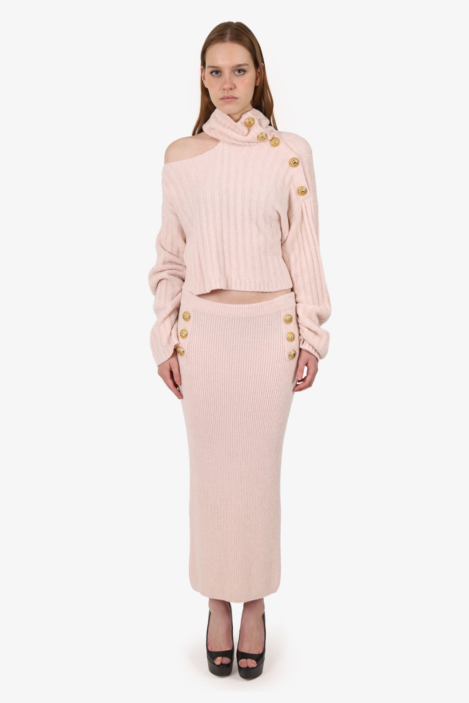 Balmain Pink Knit Long Sleeve Cropped Off Shoulder Turtleneck Sweater + Pencil Skirt Size 38