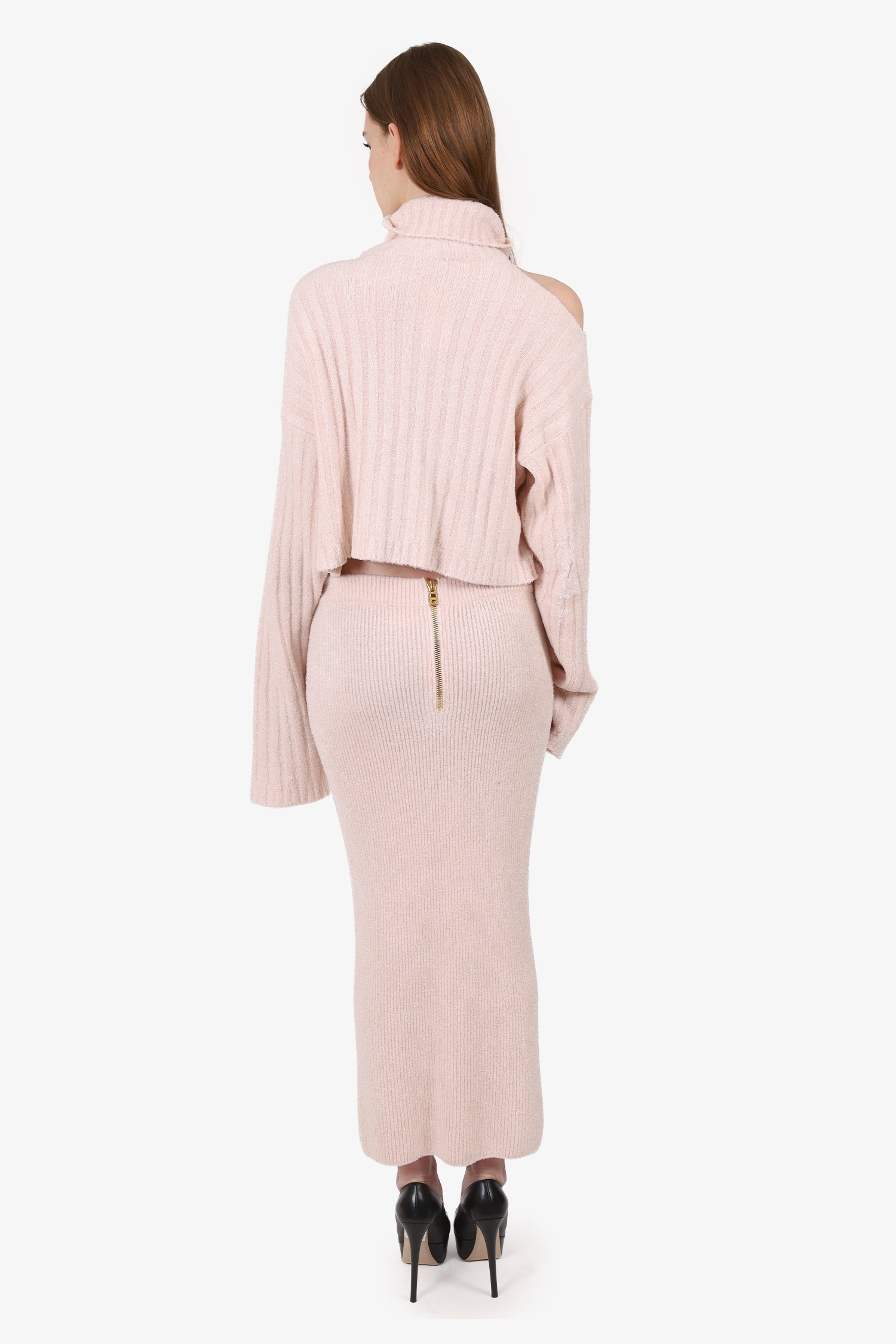 Balmain Pink Knit Long Sleeve Cropped Off Shoulder Turtleneck Sweater + Pencil Skirt Size 38