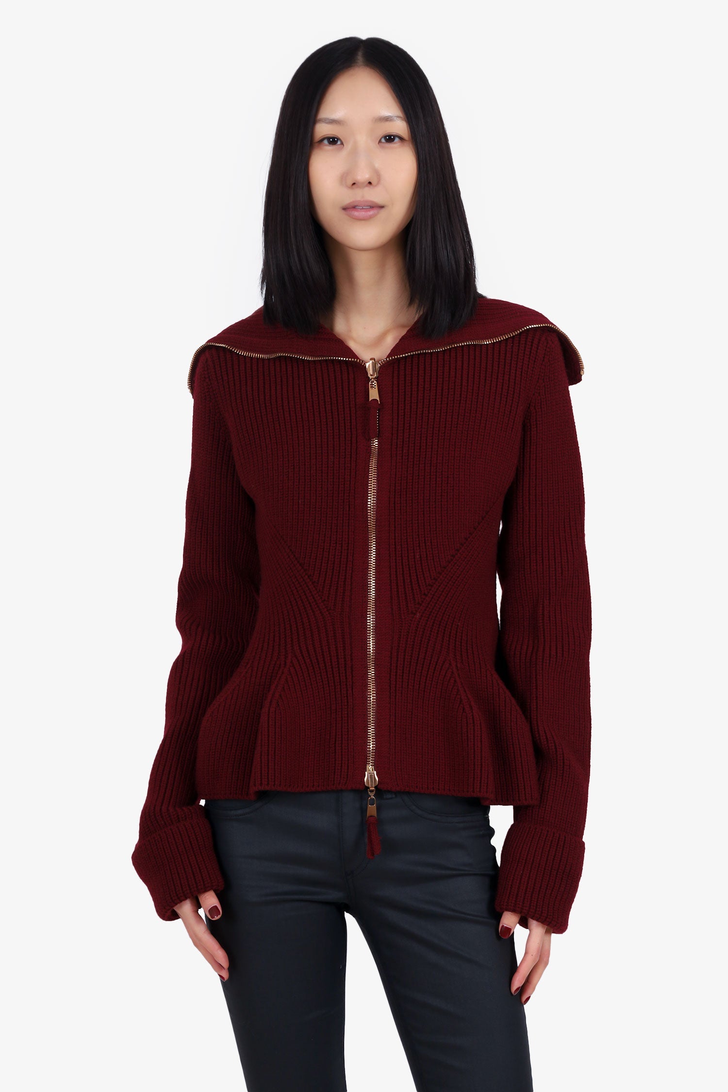 Alexander McQueen Burgundy Knit Peplum Zip Up Sweater Size L