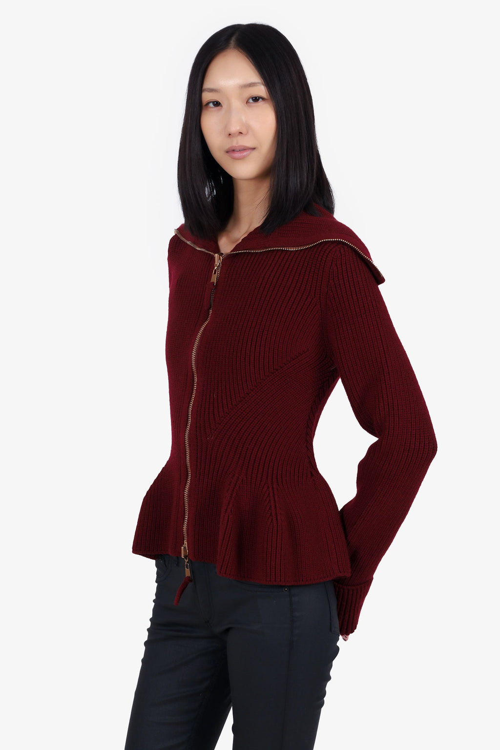 Alexander McQueen Burgundy Knit Peplum Zip Up Sweater Size L