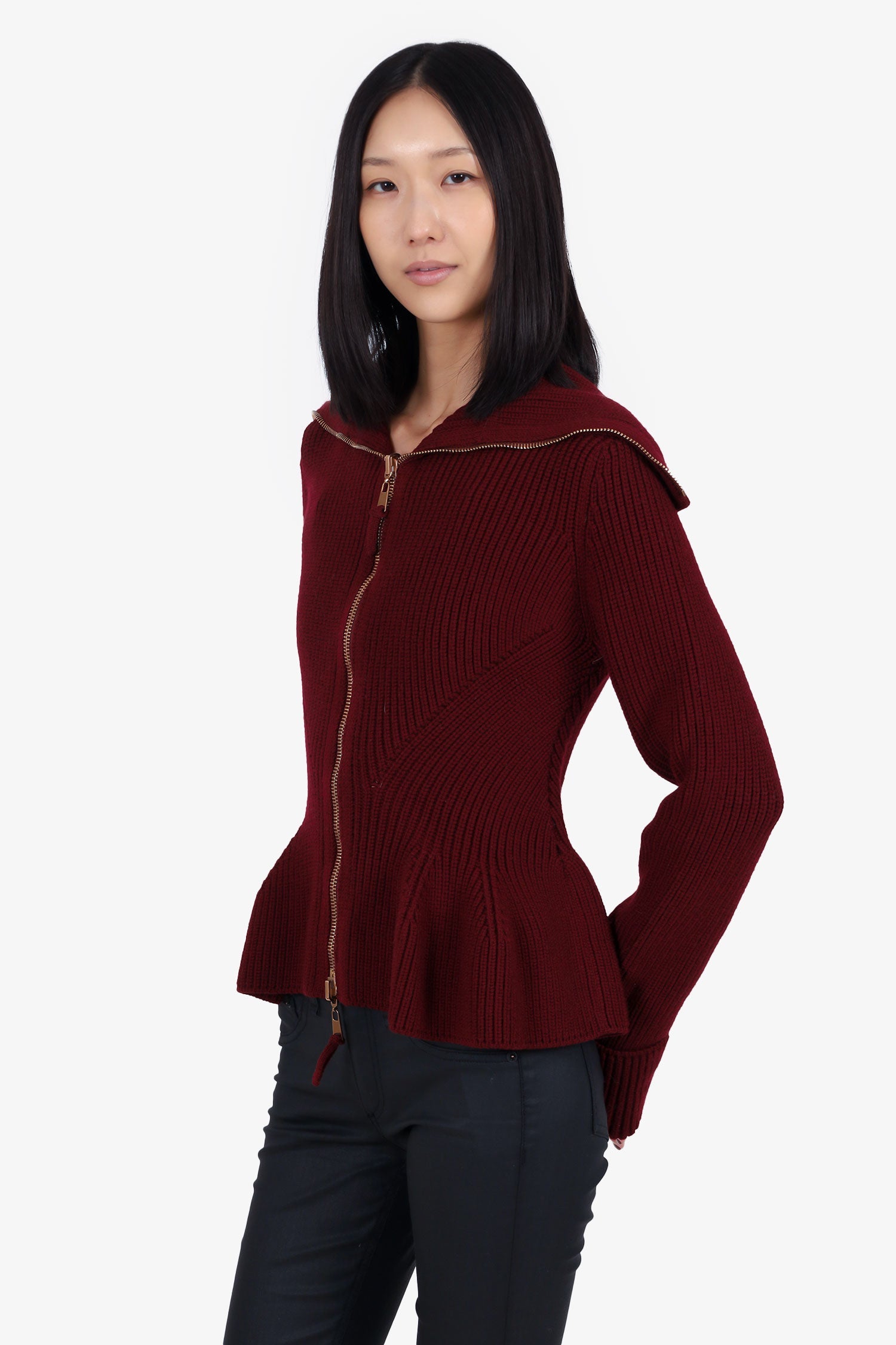 Alexander McQueen Burgundy Knit Peplum Zip Up Sweater Size L