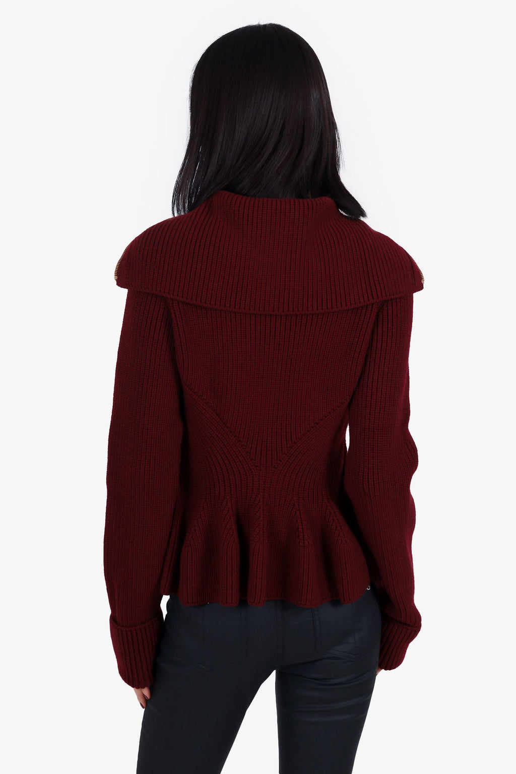 Alexander McQueen Burgundy Knit Peplum Zip Up Sweater Size L