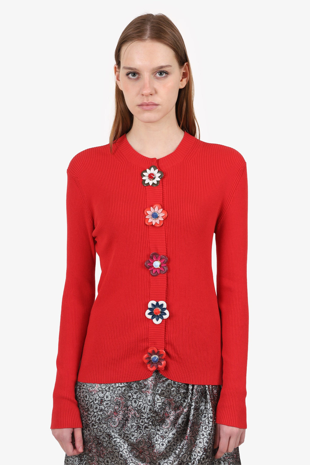 Fendi Red Ribbed Knit/Leather Flower Button igan Size 42