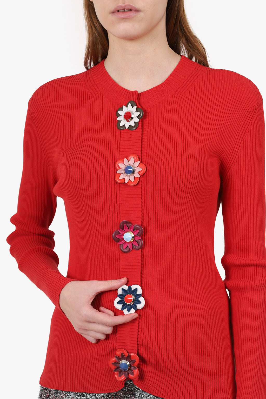 Fendi Red Ribbed Knit/Leather Flower Button igan Size 42