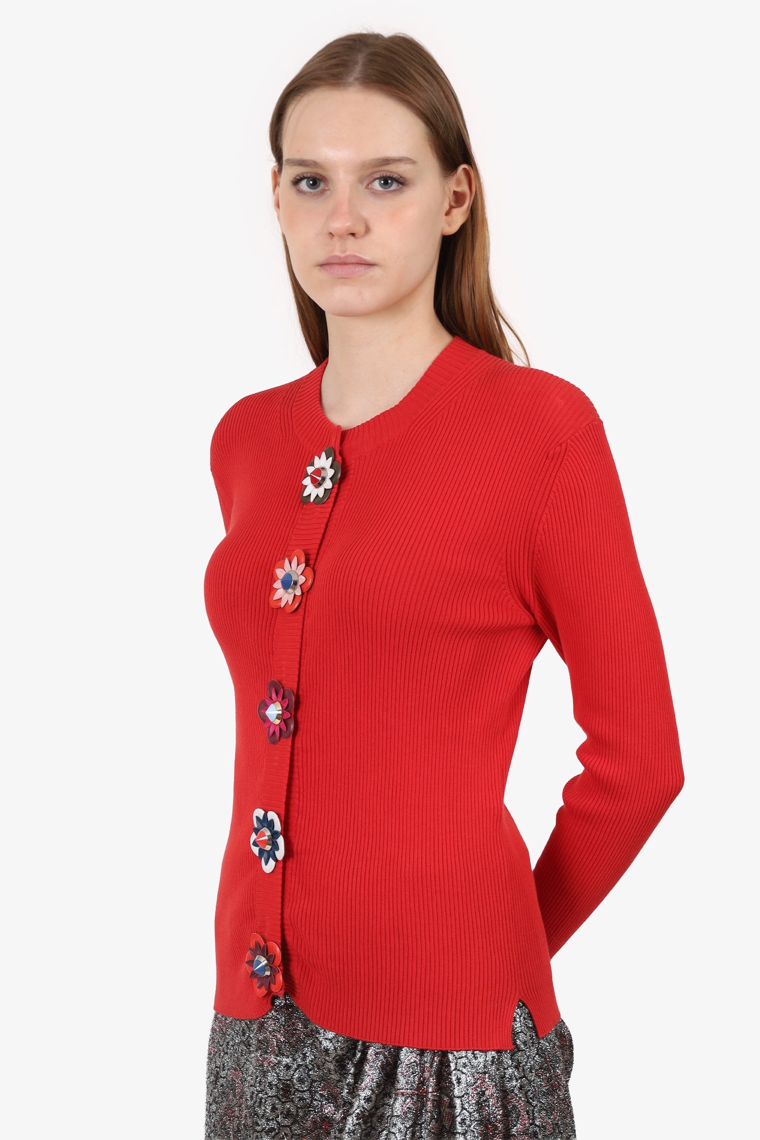 Fendi Red Ribbed Knit/Leather Flower Button igan Size 42