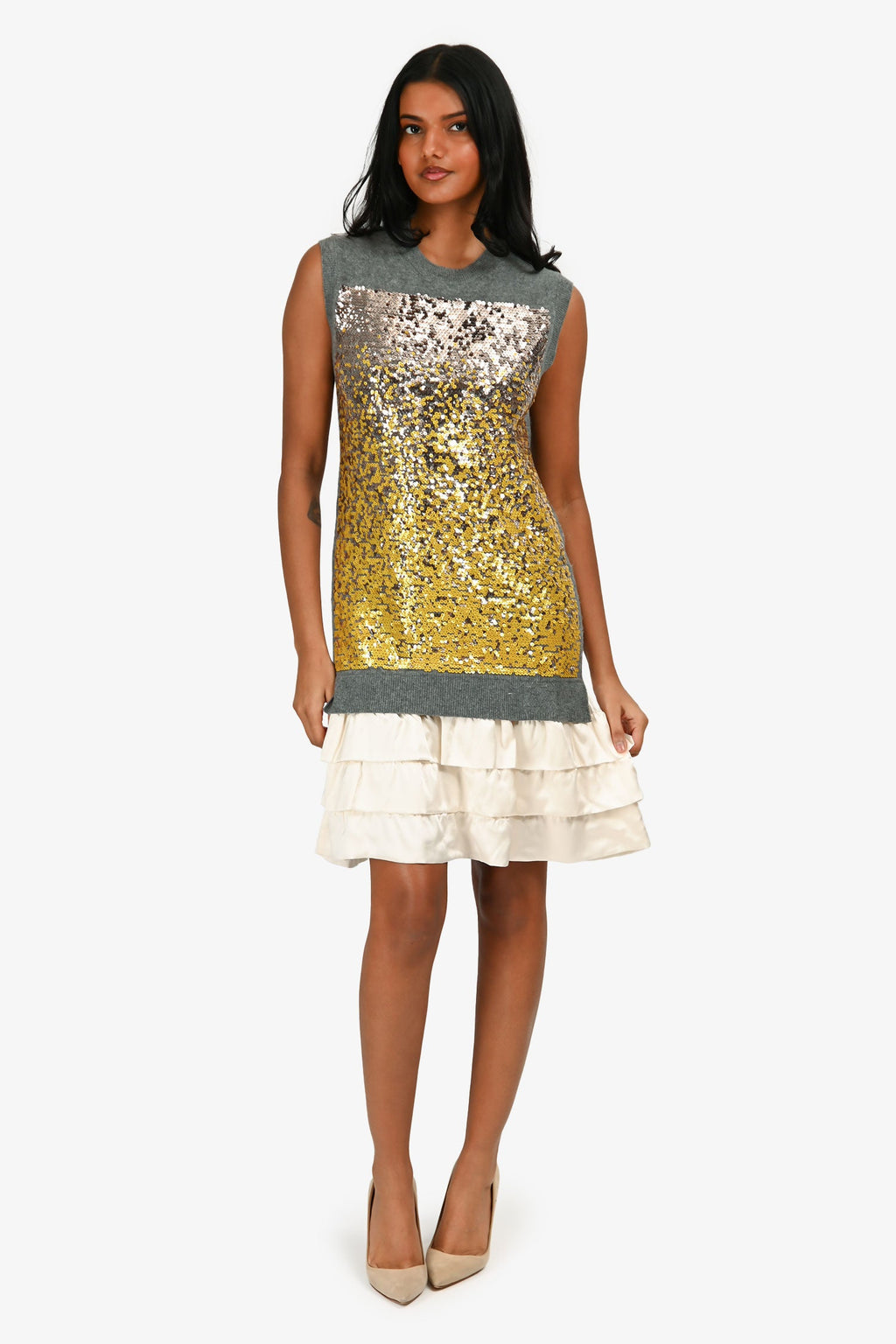 Louis Vuitton Grey/White Knit/Silk Sequined Sleeveless Mini Dress Size XS