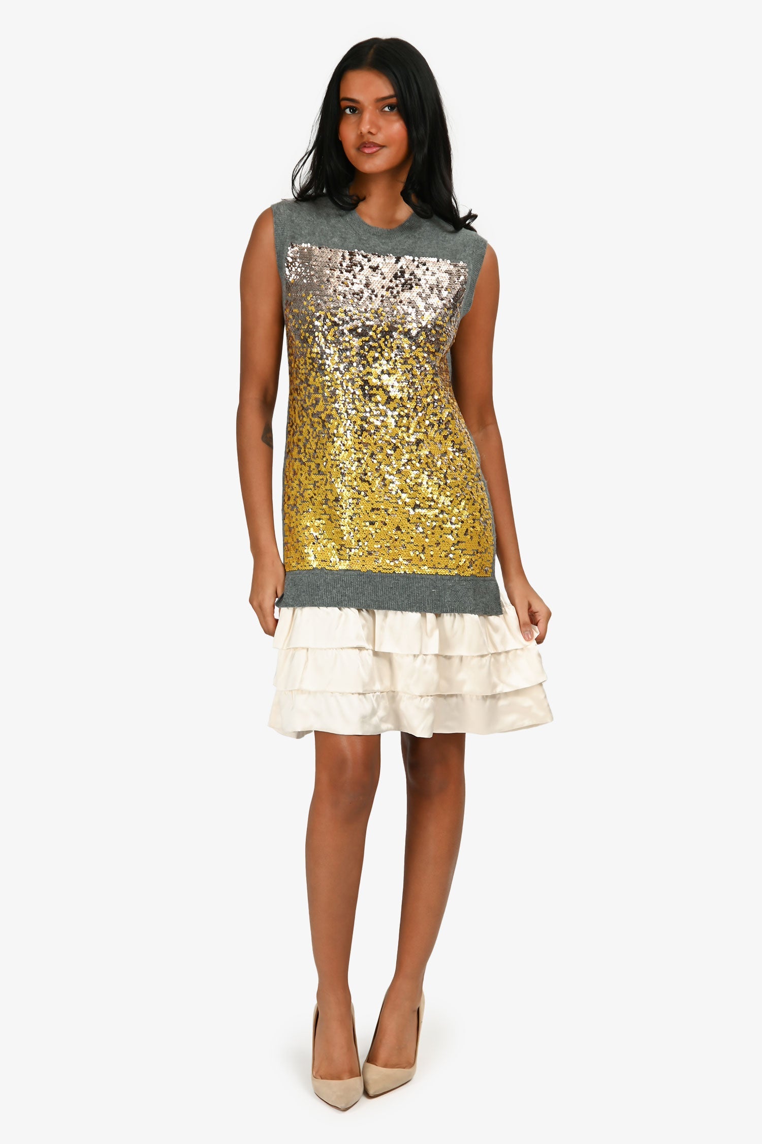 Louis Vuitton Grey/White Knit/Silk Sequined Sleeveless Mini Dress Size XS