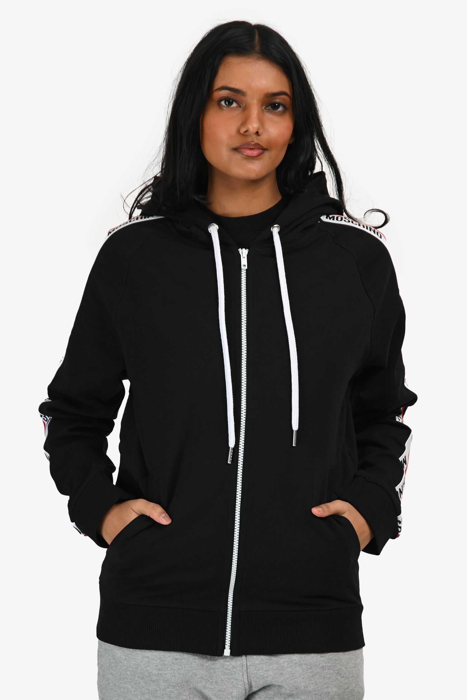 Moschino Black Logo Sleeve Zip-Up Hoodie Size XS