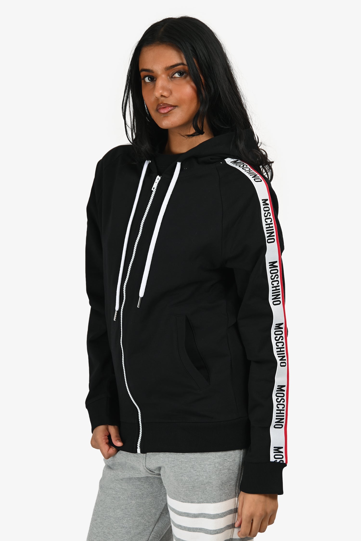 Moschino Black Logo Sleeve Zip-Up Hoodie Size XS