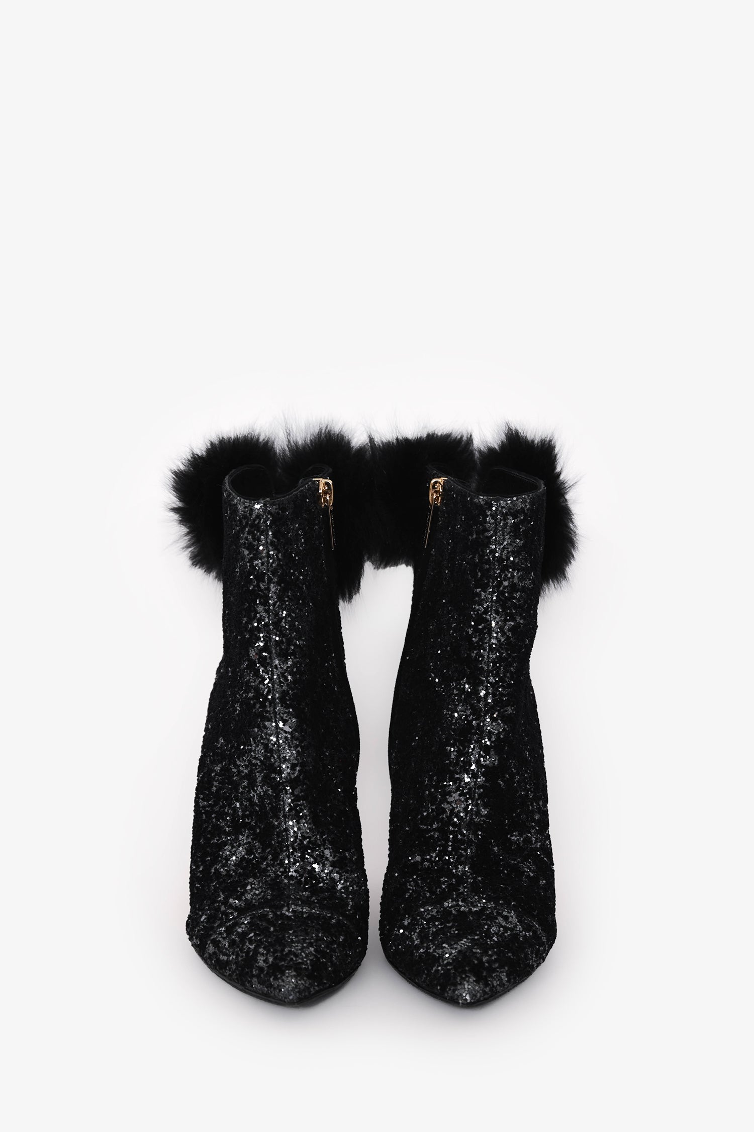 Jimmy Choo Black Tesler Glittered Fur-Trim Ankle Boots Size 36.5