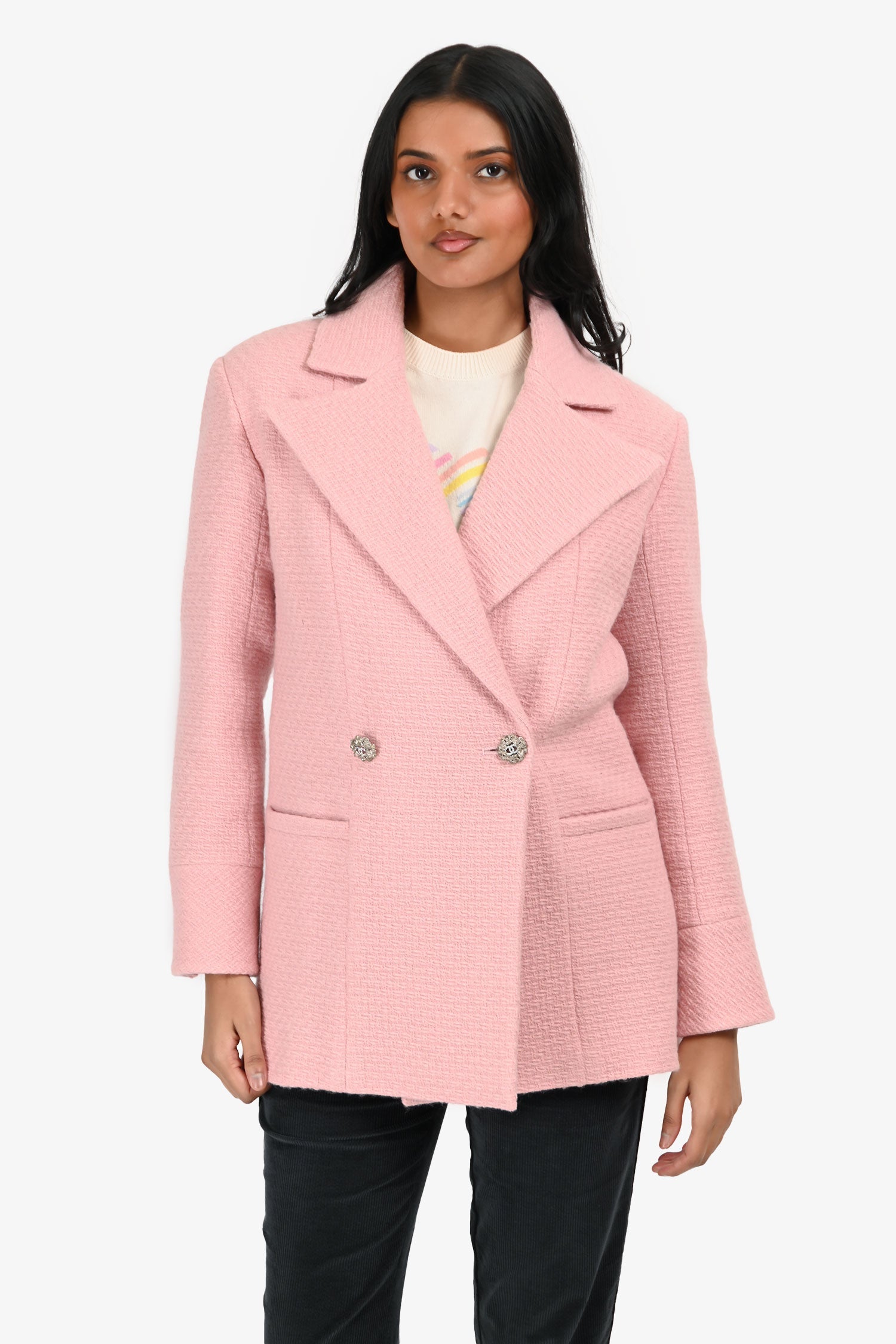 Pre-Loved Chanel™ 2025 Pink Wool/Tweed Embellished Double Breasted Blazer Size 36