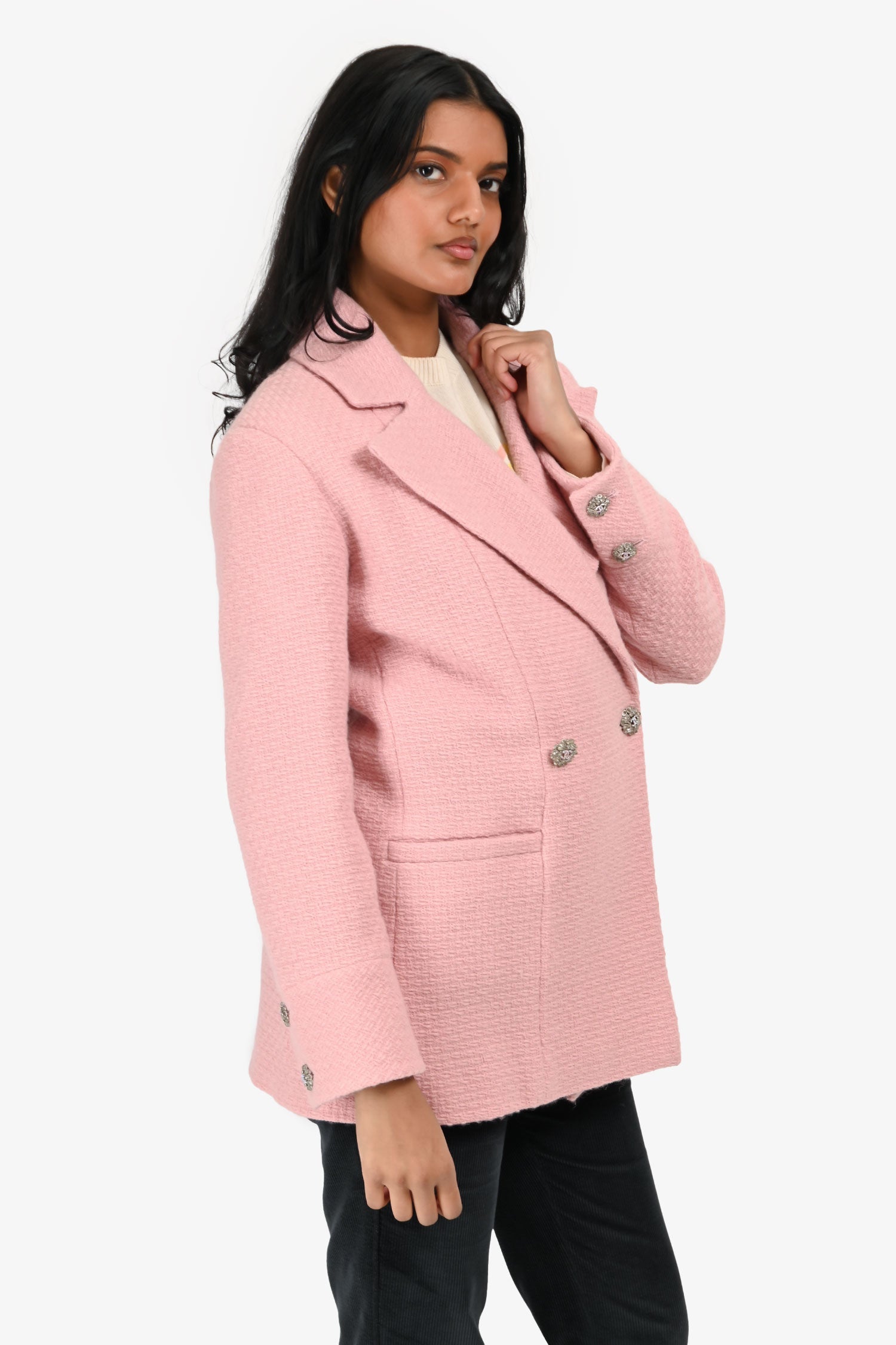 Pre-Loved Chanel™ 2025 Pink Wool/Tweed Embellished Double Breasted Blazer Size 36