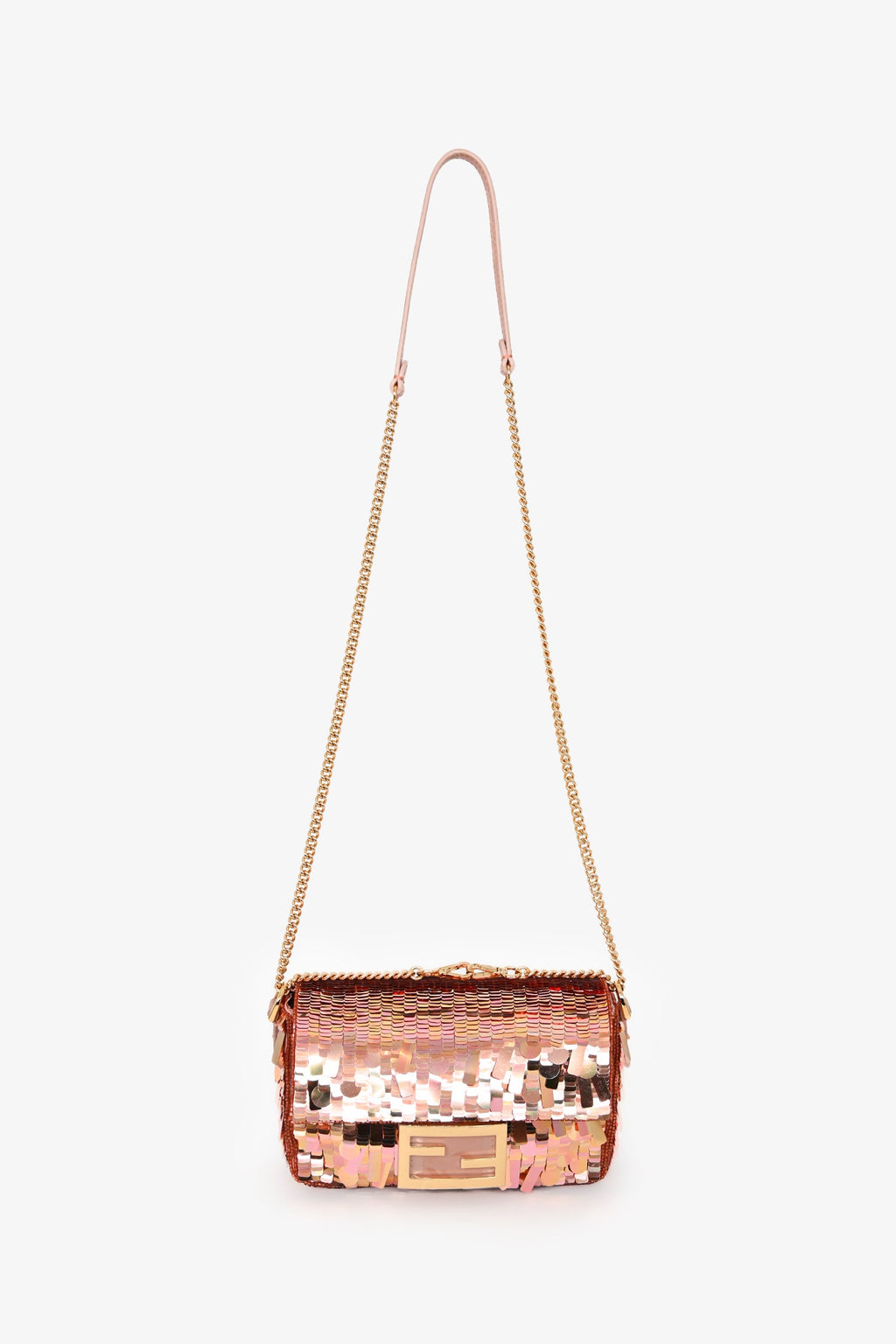 Fendi Pink Sequin FF Mini Baguette Bag With Strap
