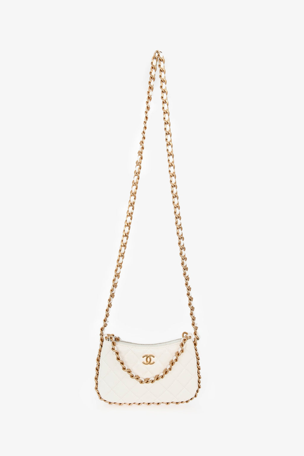 Pre-Loved Chanel™ 2023 White Leather Mini Chain CC Round Hobo Bag GHW
