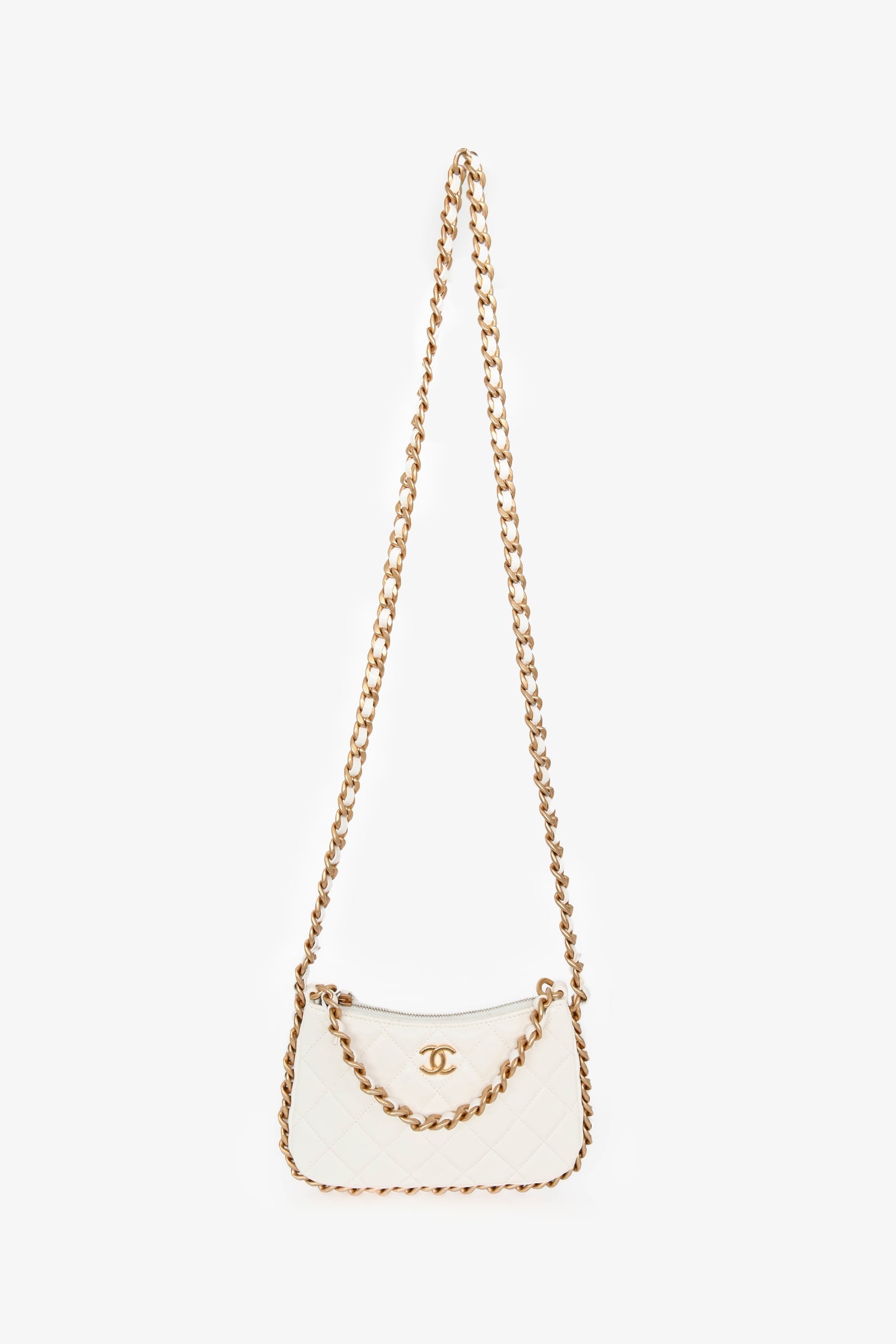 Pre-Loved Chanel™ 2023 White Leather Mini Chain CC Round Hobo Bag GHW