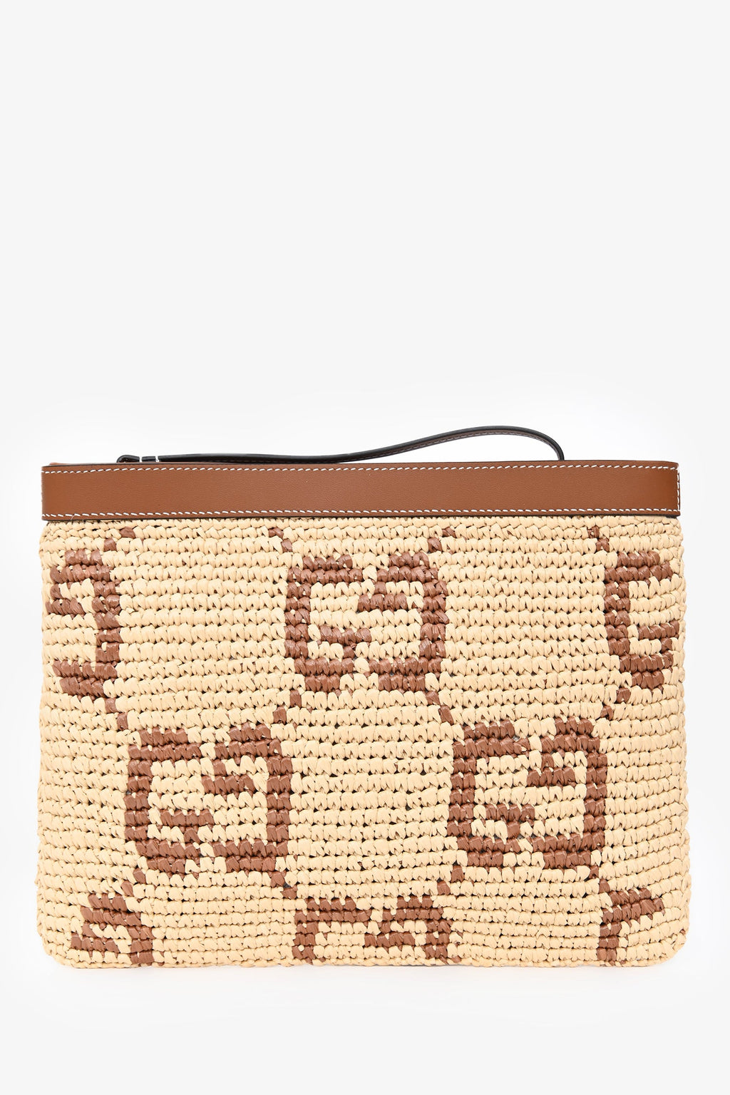 Gucci Brown Raffia Monogram Leather Trim Large Zip Wristlet