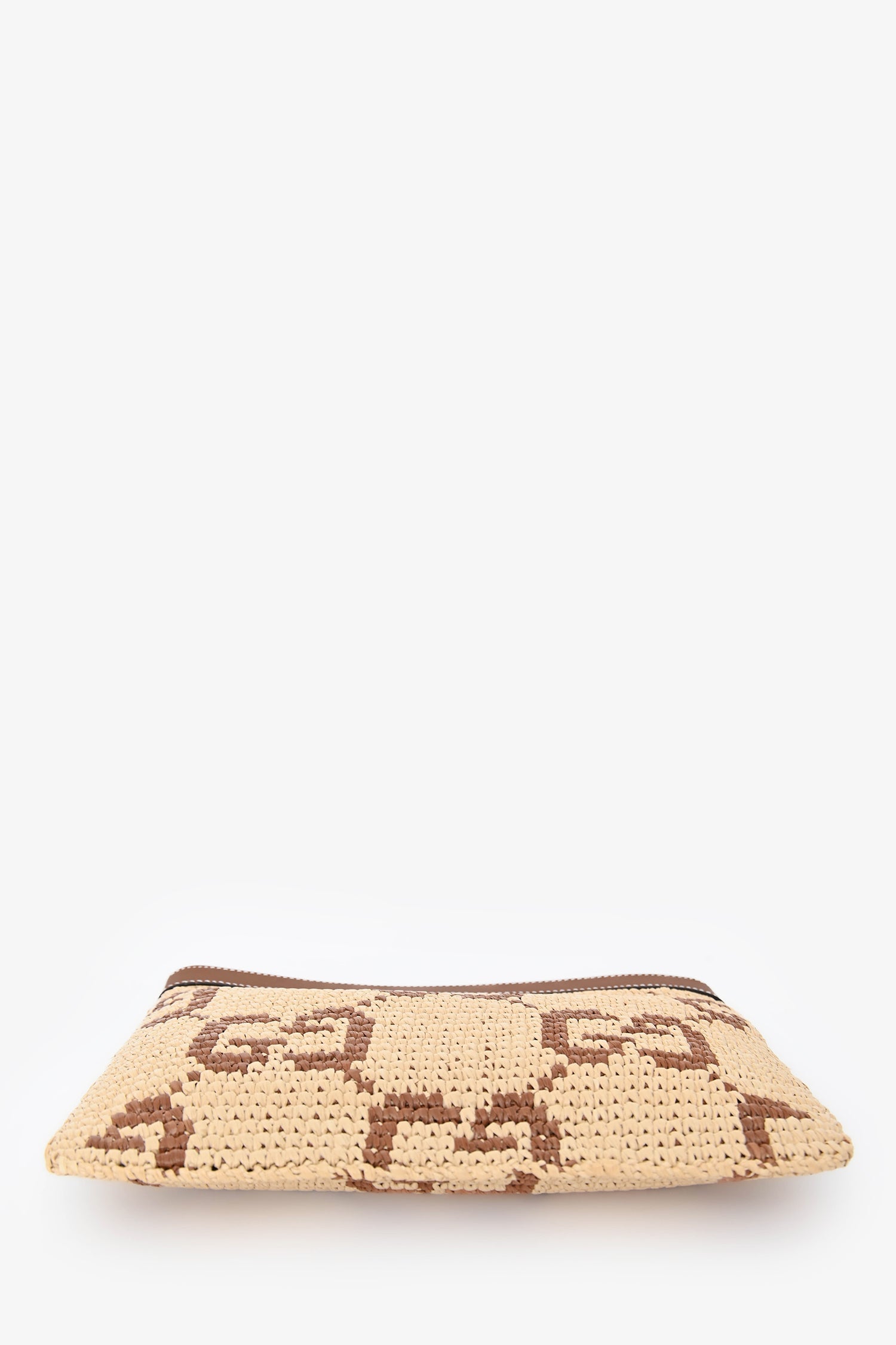 Gucci Brown Raffia Monogram Leather Trim Large Zip Wristlet