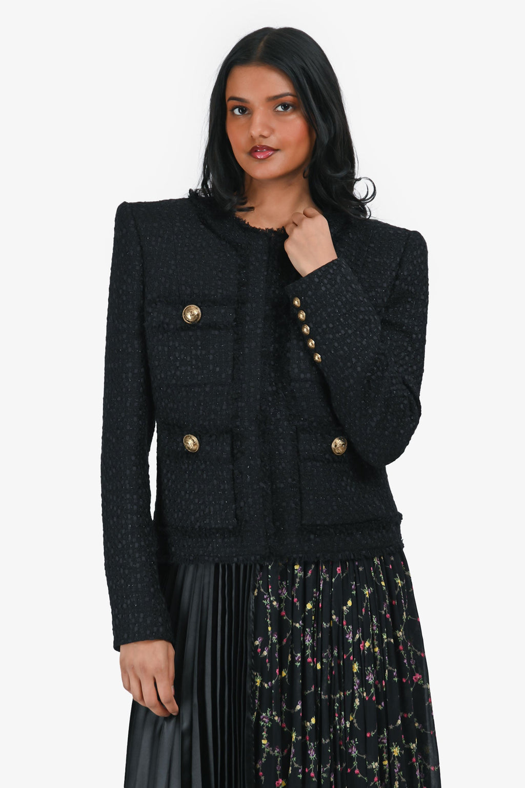 Balmain Black Tweed Wool Blend Gold Button Single Breasted Jacket Size 40