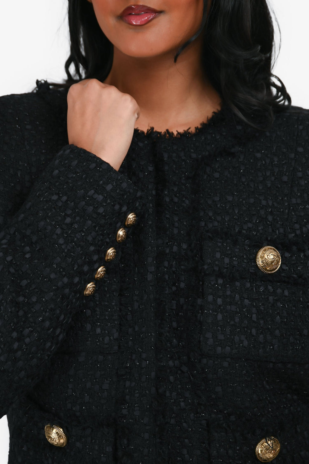 Balmain Black Tweed Wool Blend Gold Button Single Breasted Jacket Size 40