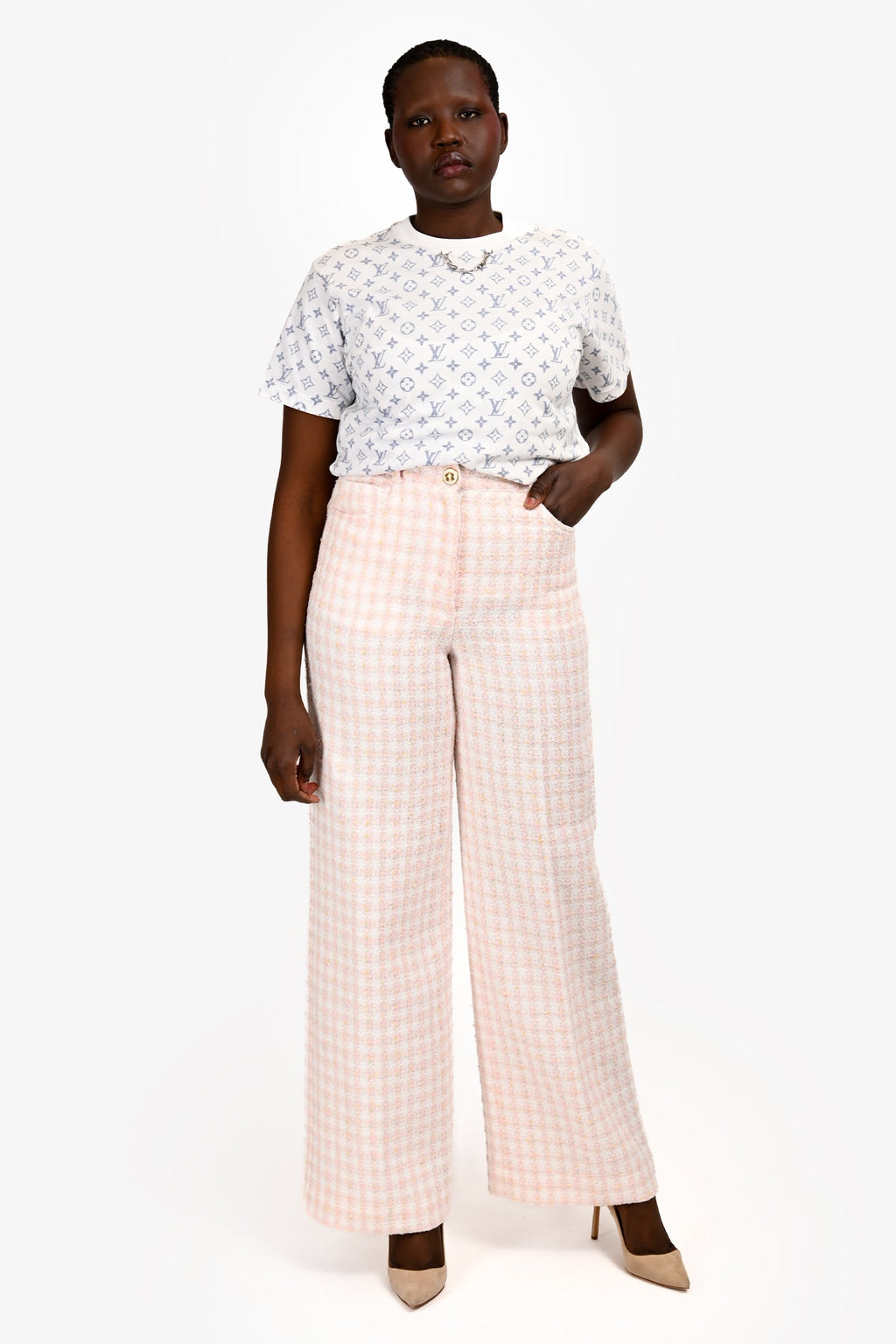Sandro Pink/White Tweed Sequin Wide Leg Pants Size 40