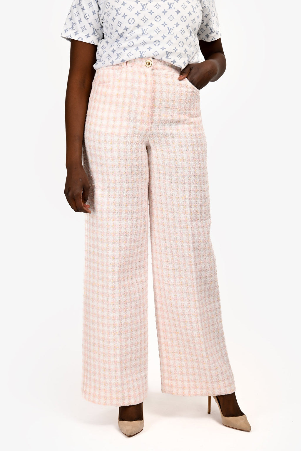 Sandro Pink/White Tweed Sequin Wide Leg Pants Size 40