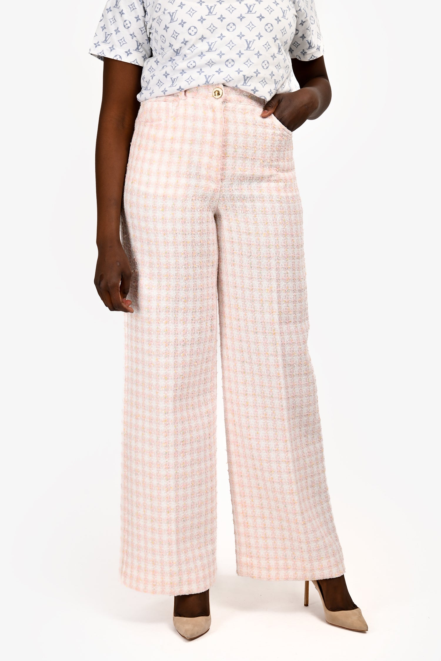 Sandro Pink/White Tweed Sequin Wide Leg Pants Size 40