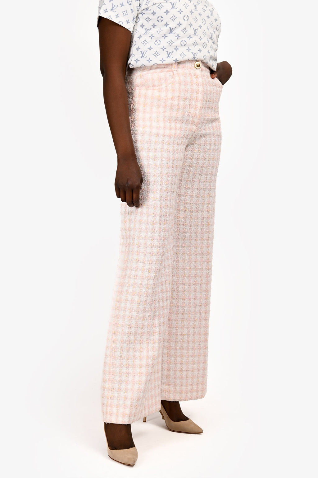 Sandro Pink/White Tweed Sequin Wide Leg Pants Size 40