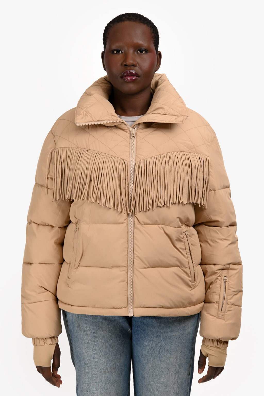 The Upside x Veronica Beard Brown Puffer Fringe Jacket Size M