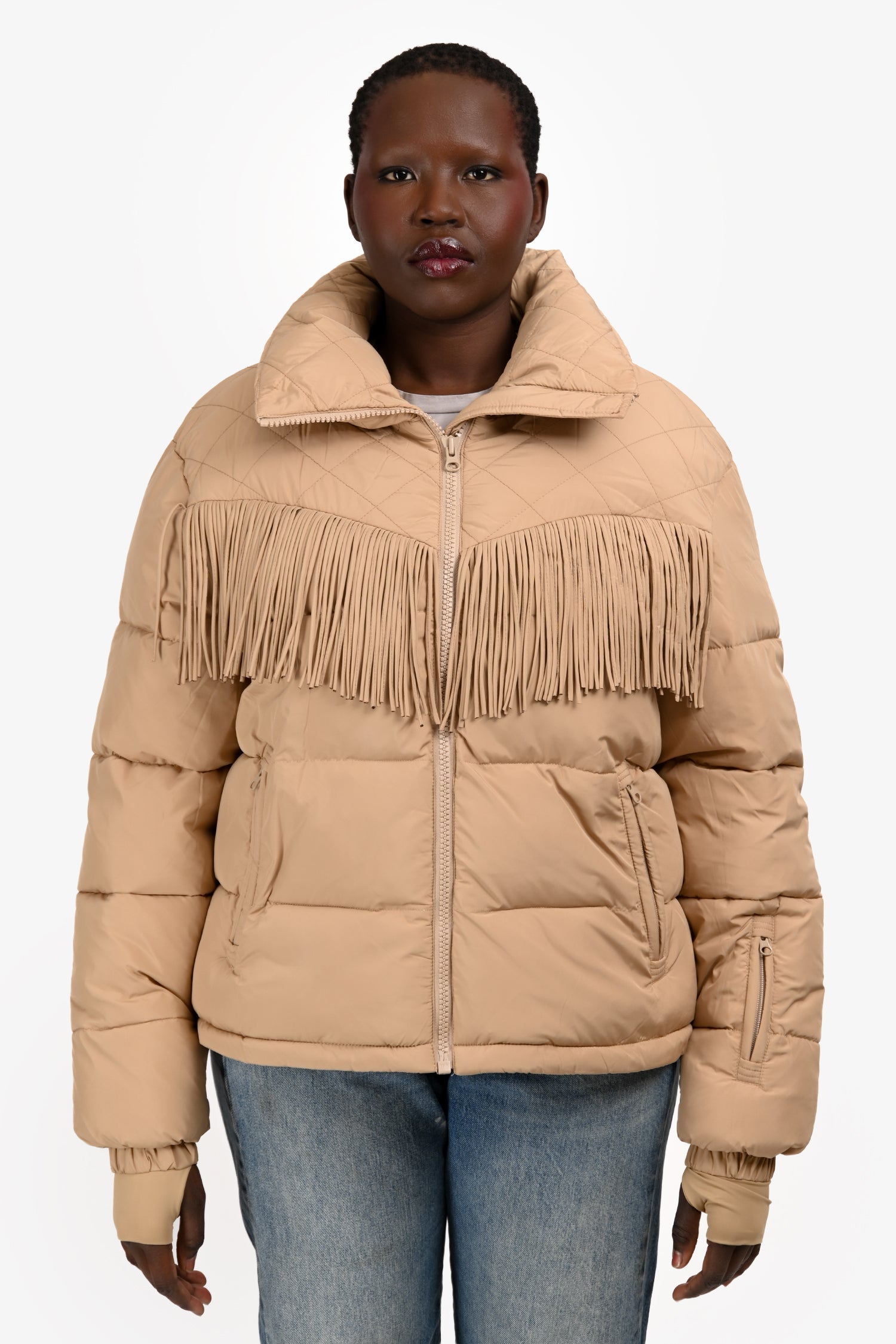 The Upside x Veronica Beard Brown Puffer Fringe Jacket Size M