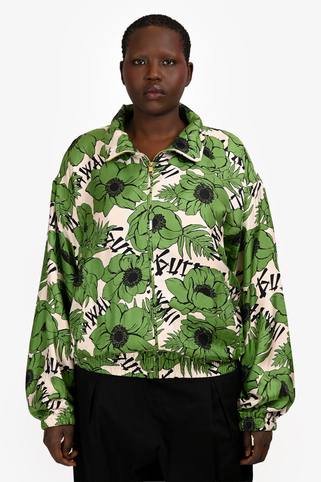 Gucci Green/Cream Silk Floral Bomber Jacket Size 54 Mens