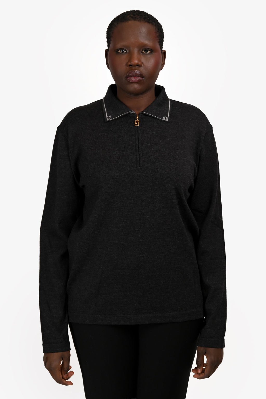 Versace Grey/Black Wool Polo Quarter Zip Sweater Size XL Mens