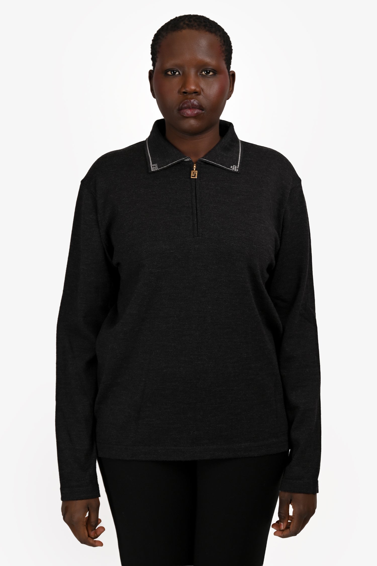 Versace Grey/Black Wool Polo Quarter Zip Sweater Size XL Mens