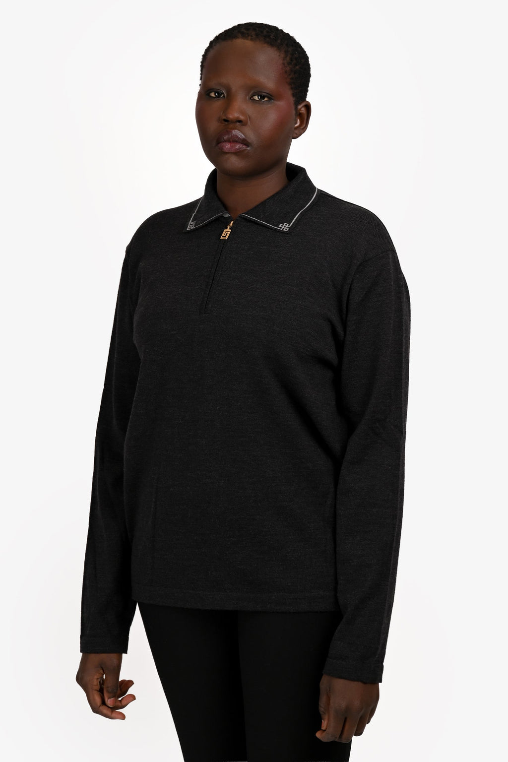 Versace Grey/Black Wool Polo Quarter Zip Sweater Size XL Mens