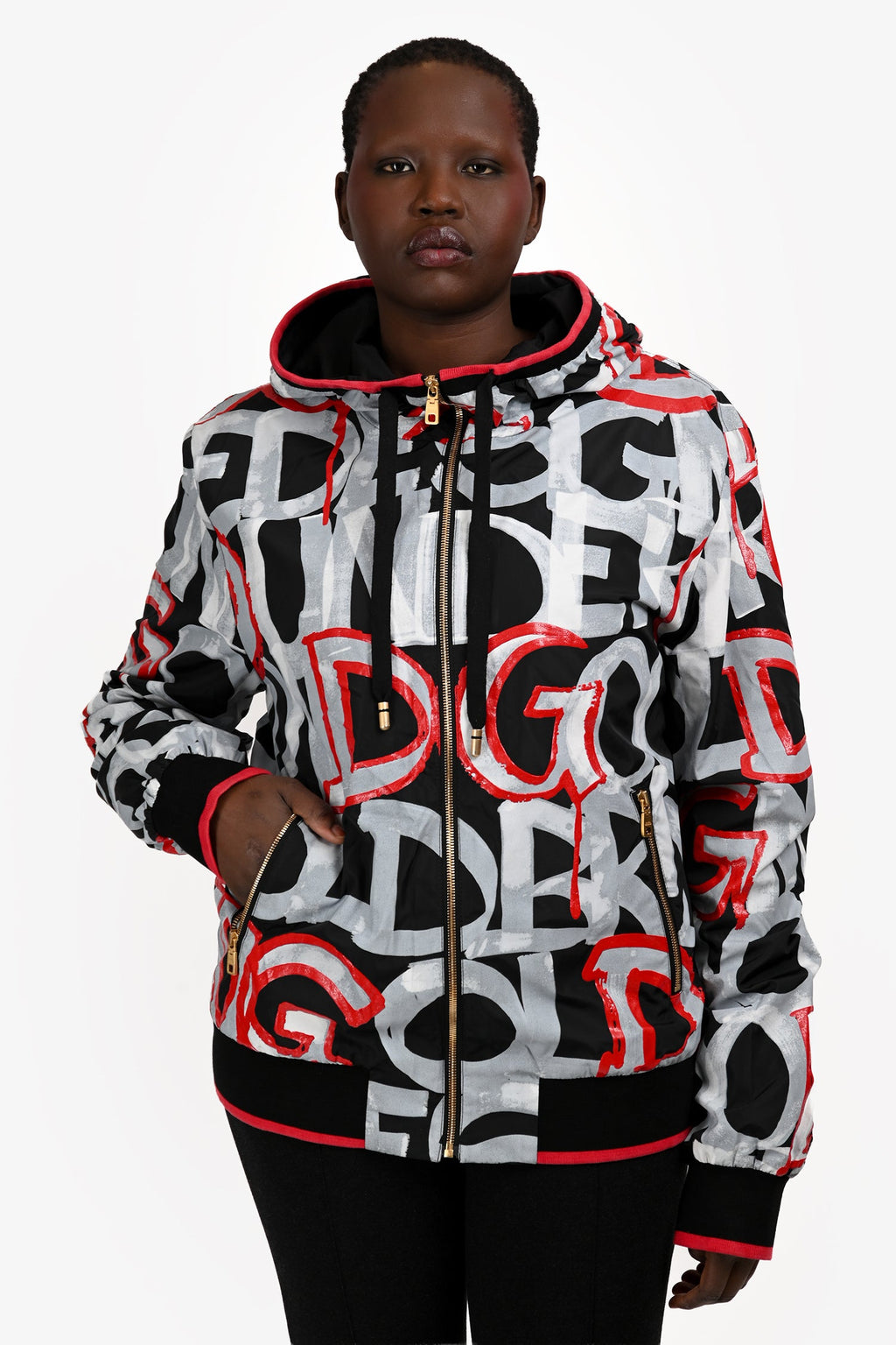 Dolce & Gabanna SS19 Red/Black Graffiti Printed Hooded Rain Jacket Size 54 Mens
