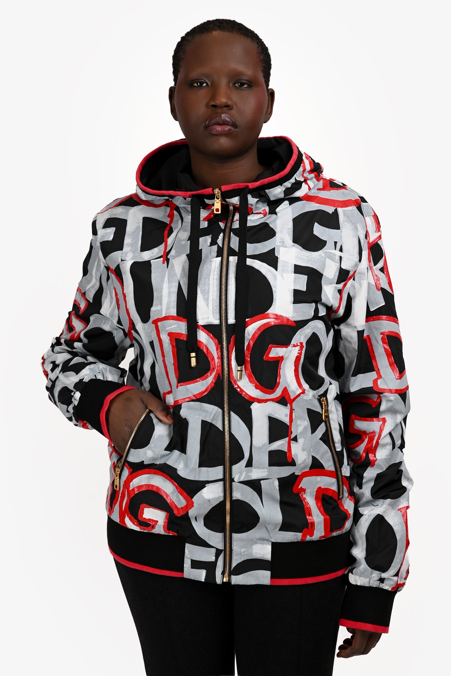 Dolce & Gabanna SS19 Red/Black Graffiti Printed Hooded Rain Jacket Size 54 Mens