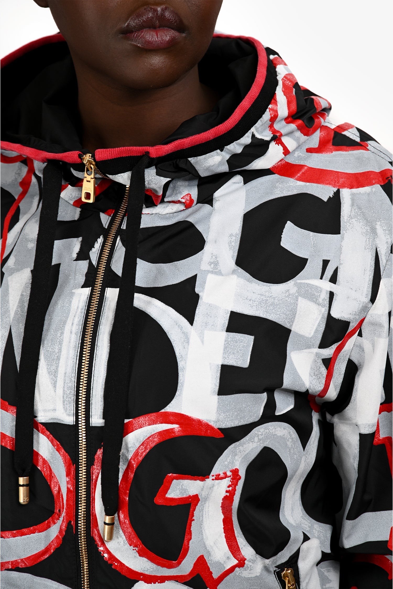 Dolce & Gabanna SS19 Red/Black Graffiti Printed Hooded Rain Jacket Size 54 Mens