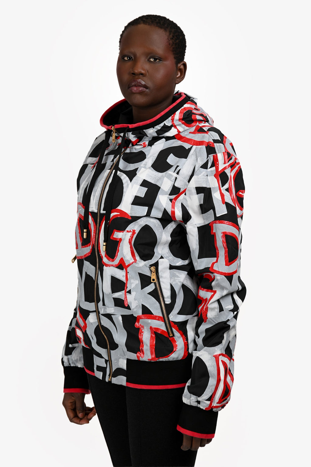 Dolce & Gabanna SS19 Red/Black Graffiti Printed Hooded Rain Jacket Size 54 Mens