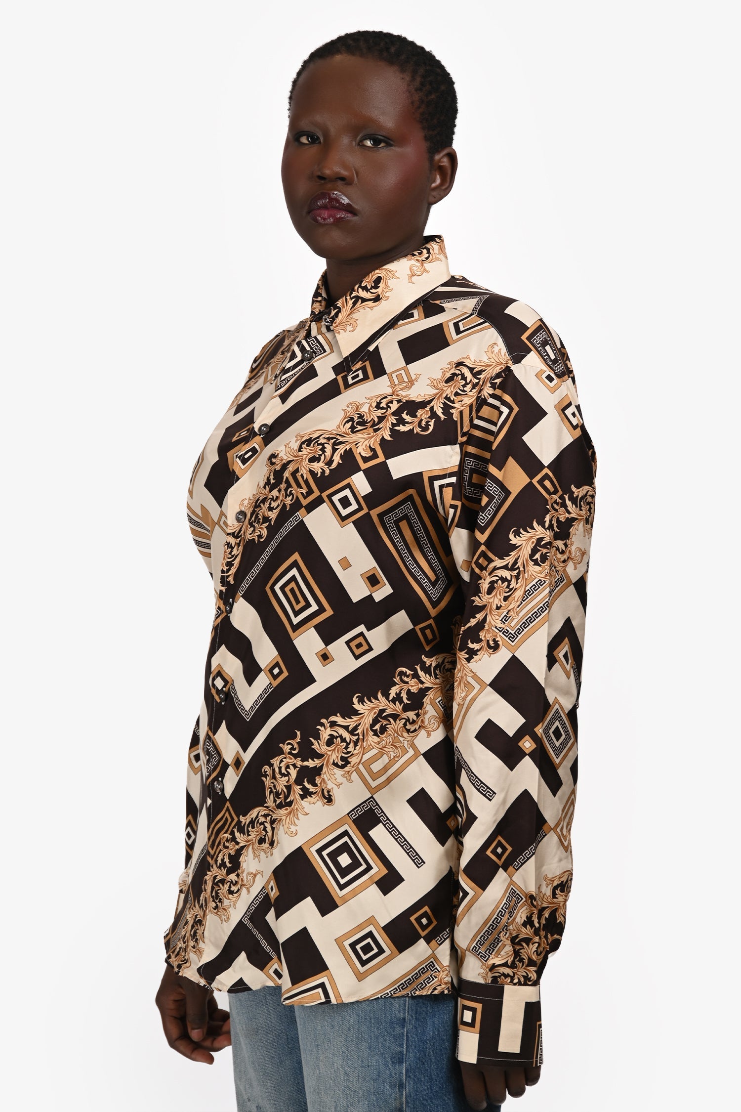 Versace Brown/Black Patterned Silk Button Up Long Sleeve Blouse Size 42 Mens