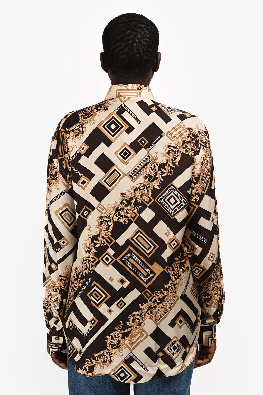 Versace Brown/Black Patterned Silk Button Up Long Sleeve Blouse Size 42 Mens