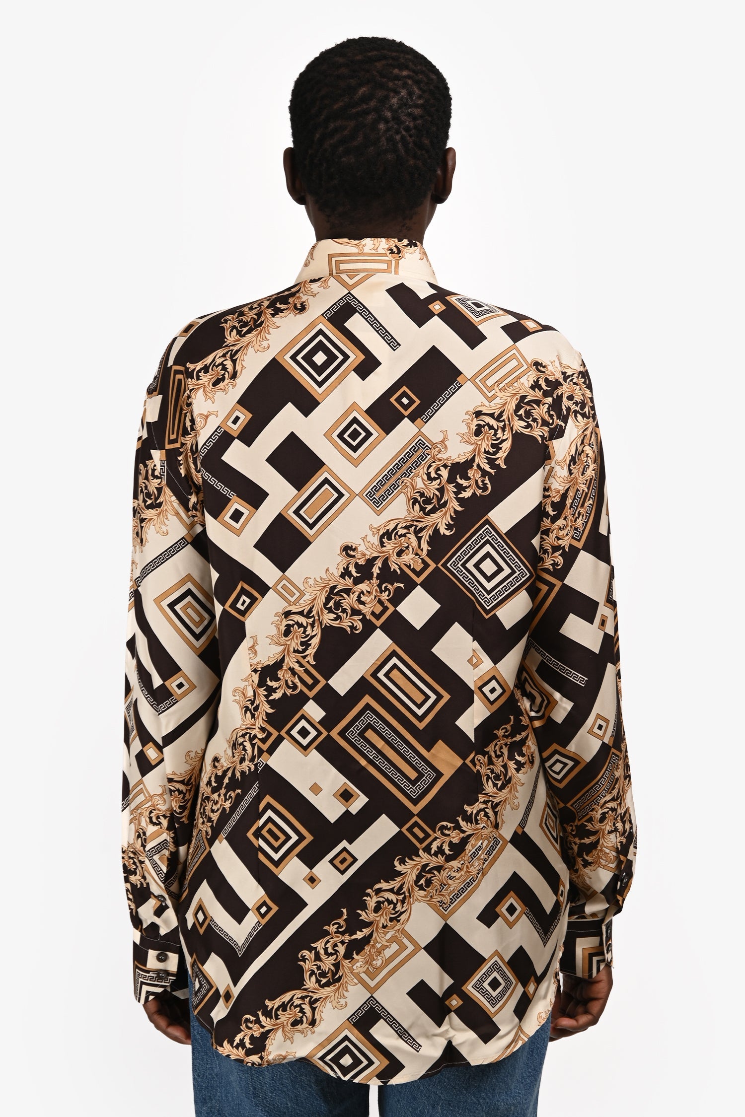Versace Brown/Black Patterned Silk Button Up Long Sleeve Blouse Size 42 Mens